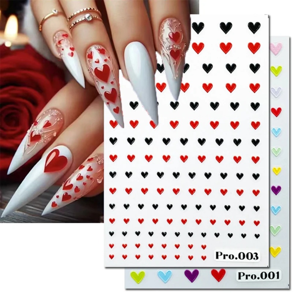 Nail Art Valentines Day - 5Dエンボス加工のネイルアートステッカー。バレンタインデーにぴったりの、赤、黒、ローズピンクのハート柄。ネイルチップやマニキュアの装飾に。