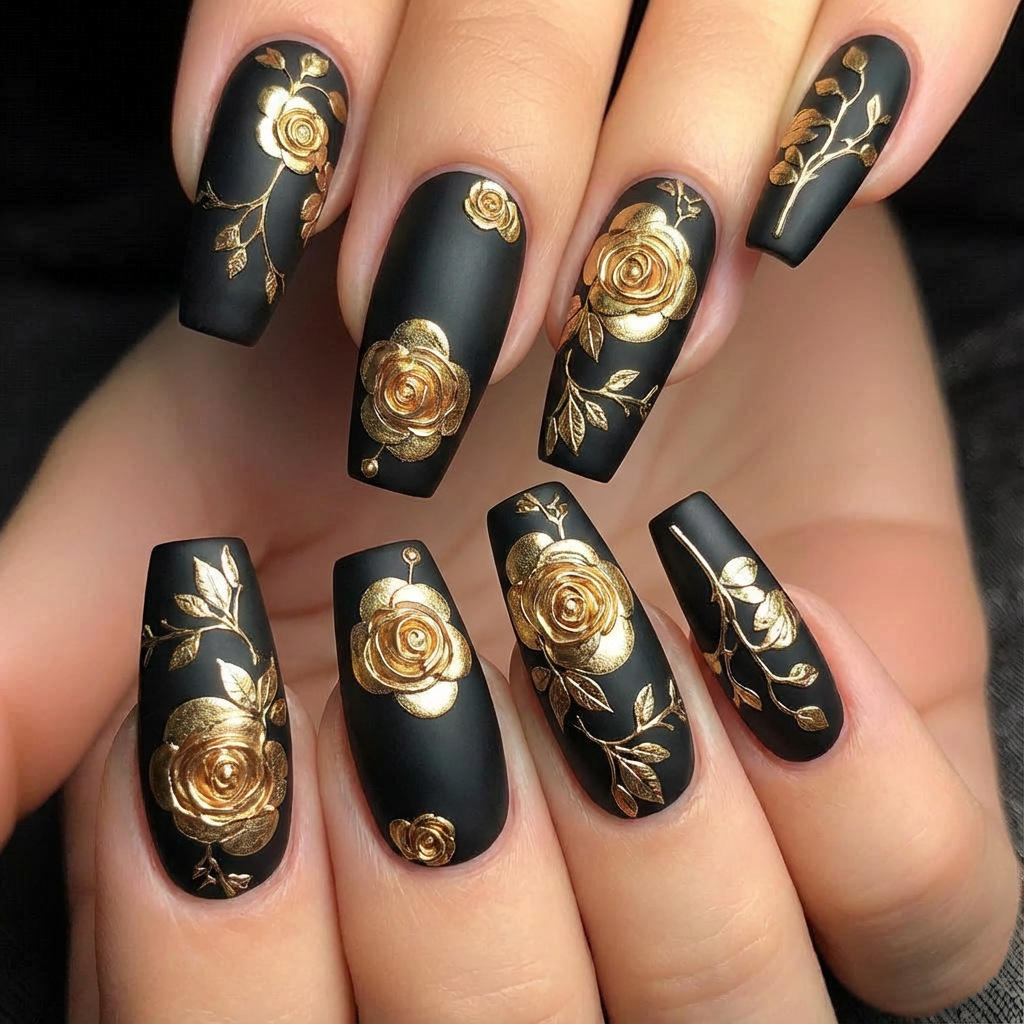 Nail Art Press On - バレンタインデー用の女性・女の子向け3Dフェイクネイル、ゴールド・シルバーの金箔ローズフラワー、バレエアーモンドチップ、プレスオンつけ爪ネイルアート