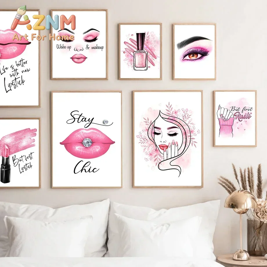Nail Art Pink - AZNM フレームレスキャンバス壁掛けアート、ピンクのメイクアップ、リップ、ネイルポリッシュ、つけまつげ、ファッションアートプリント、美容サロン、寝室、家庭用デコレーションポスター