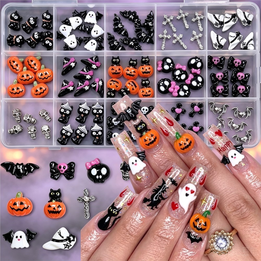 Nail Art Valentines Day - 15個入り 3Dのかわいいハロウィーンの南瓜／ドクロ／お化け／十字架のネイルパーツ、黒猫のリボン、コウモリのネイルチャーム、レジン製のフラットバック、ハロウィーンのネイルデコレーション