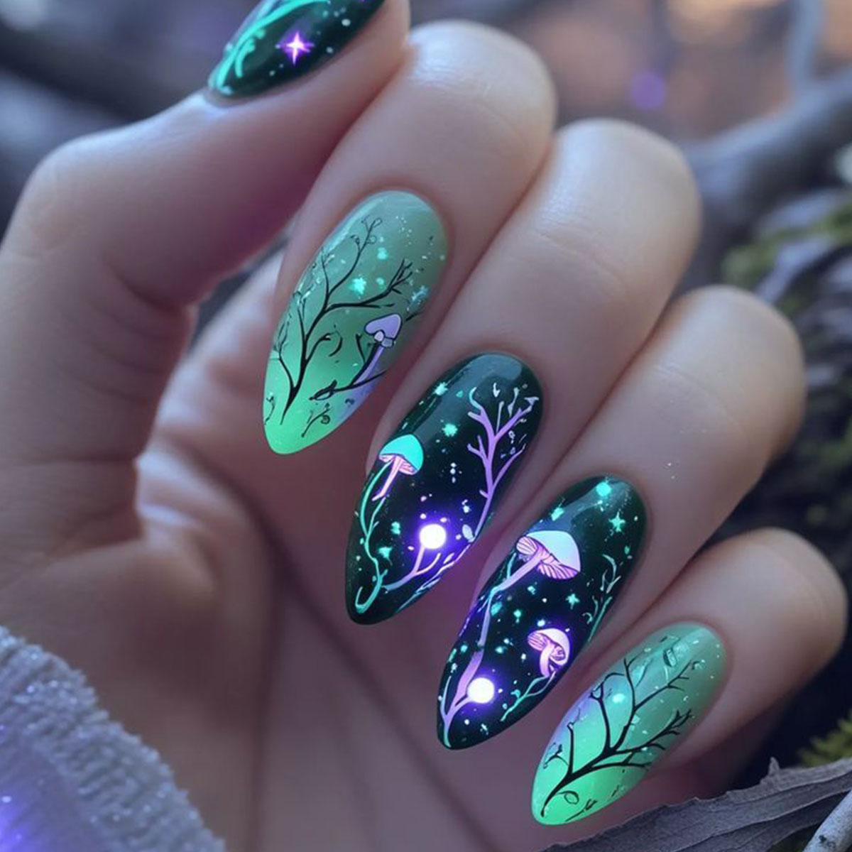 Nail Art Press On - アーモンド型のつけ爪、マッシュルーム型のつけ爪、リーフスムッジデザインのつけ爪、3Dデータ対応フルカバーつけ爪チップ