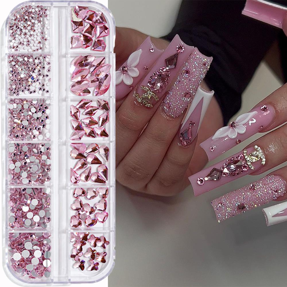 Nail Art Valentines Day - 12グリッド3Dピンクネイルアートラインストーンミックスラウンドハートバタフライガラスダイヤモンドネイルデコレーションフラットバックジェムストーンマニキュアパーツ