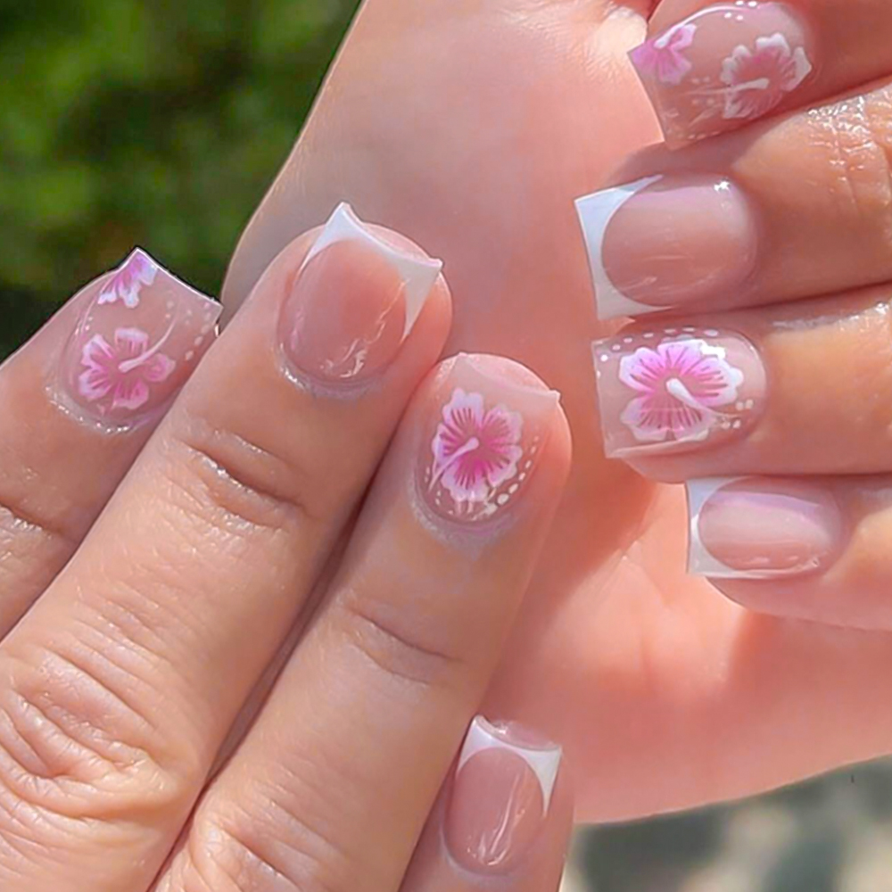 Nail Art Press On - 24 個フレンチフラワー付け爪ピンクハイビスカスデザインフルカバープレスオンネイルウェアラブル人工偽指先女性 & グリル用