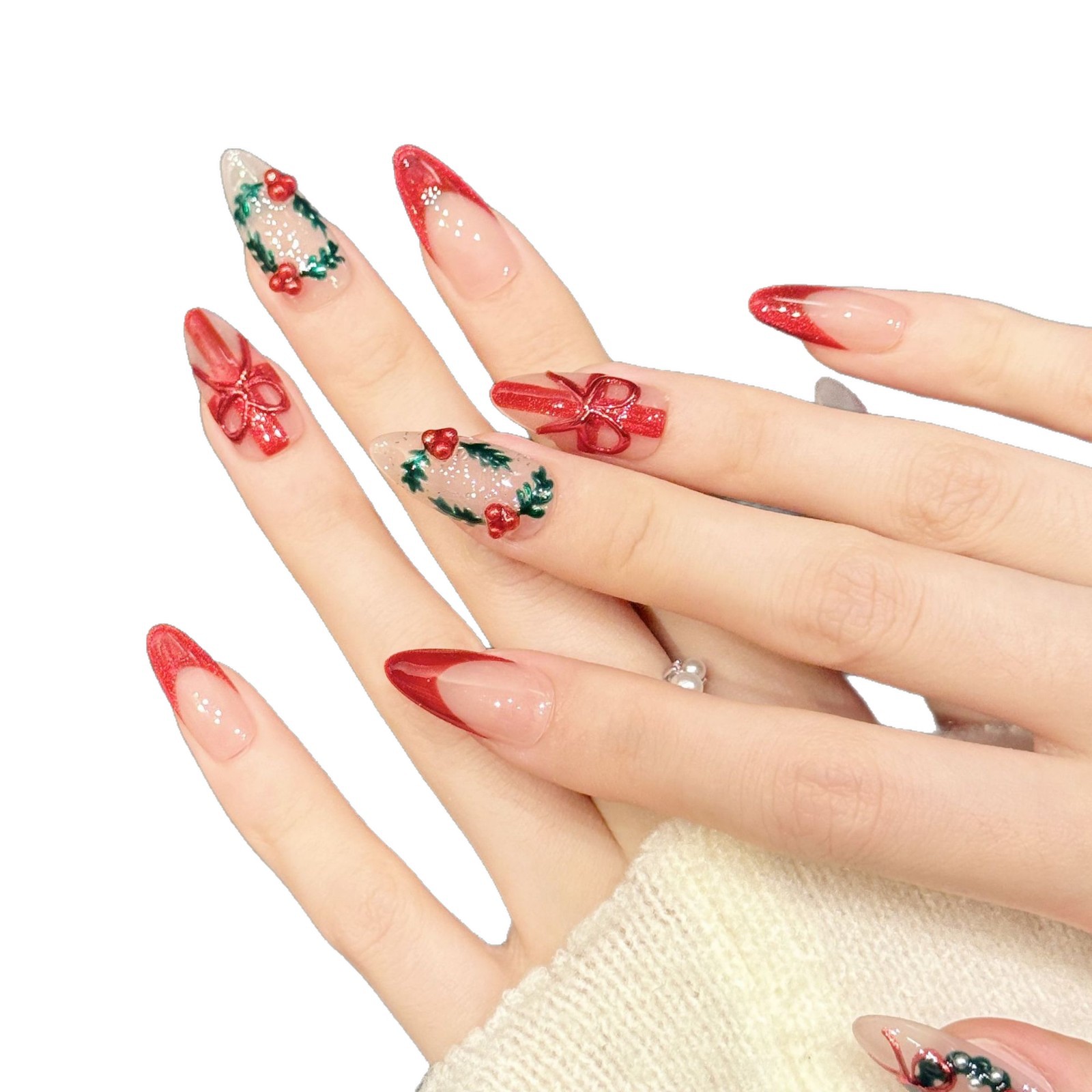 クリスマスレッドヌードミディアムアーモンドプレスオンネイル1 - Nail Art Press On のレビューと価格