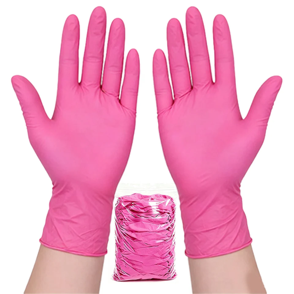 50個入り、濃いピンク色のニトリル製使い捨て手袋。パウダー不 - Nail Art Pink のレビューと価格