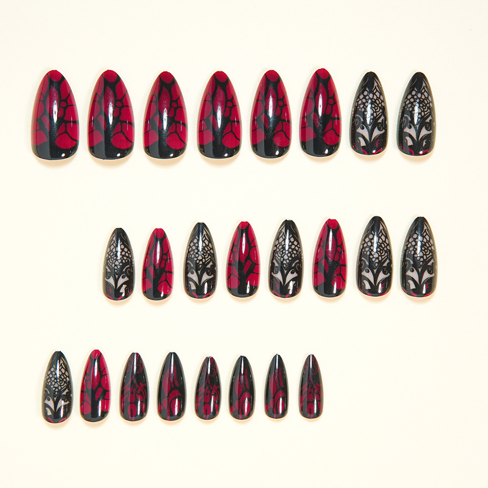 女性用ミディアムサイズのつけ爪、ダークレッドとブラックのフロ - Nail Art Press On のレビューと価格