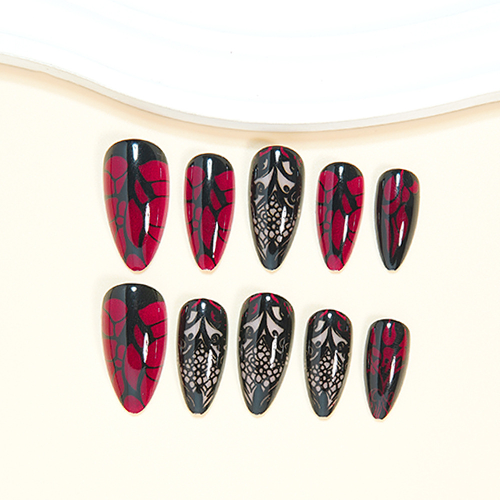 女性用ミディアムサイズのつけ爪、ダークレッドとブラックのフロ - Nail Art Press On のレビューと価格