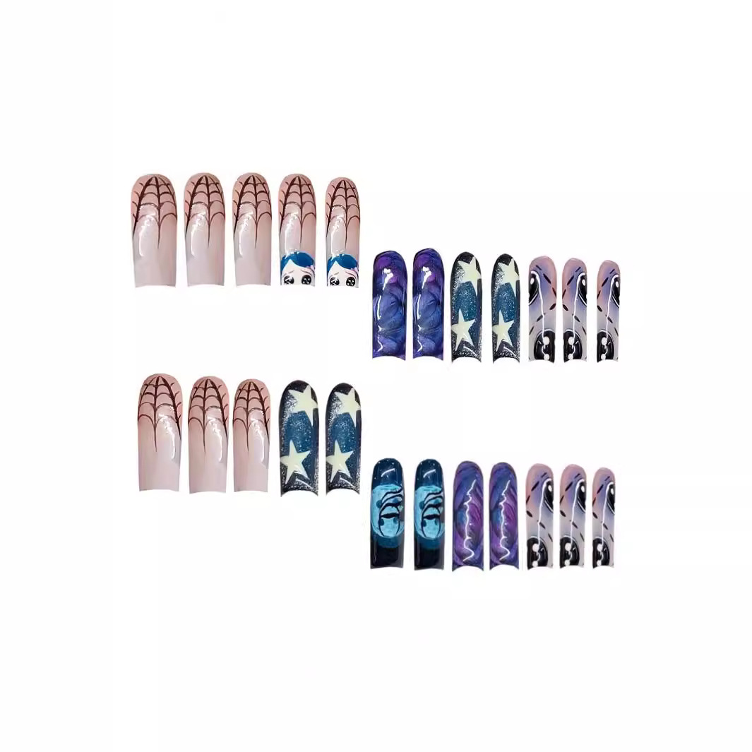 取り外し可能な落書きの偽の爪,長い棺の爪,光沢のある青い蜘蛛 - Nail Art Press On のレビューと価格