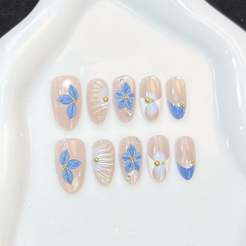 10個入り、手作業で装着できる、ピンク、ブルー、イエローの花 - Nail Art Pink のレビューと価格