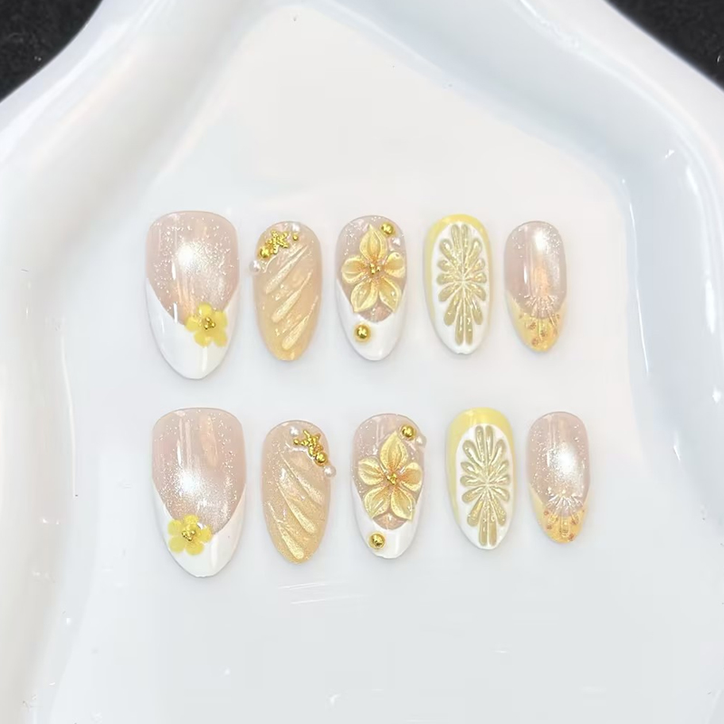 10個入り、手作業で装着できる、ピンク、ブルー、イエローの花 - Nail Art Pink のレビューと価格