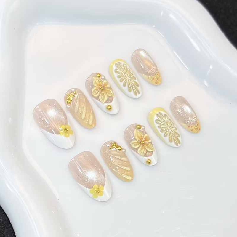 10個入り、手作業で装着できる、ピンク、ブルー、イエローの花 - Nail Art Pink のレビューと価格